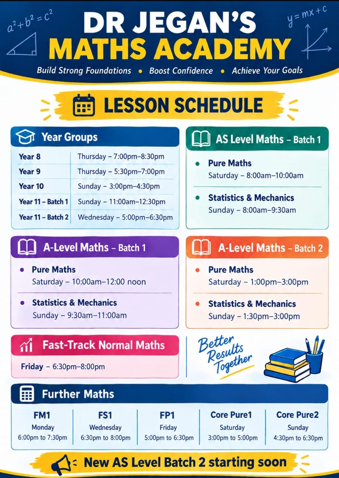 DR Jegan's Maths Academy lesson schedule poster